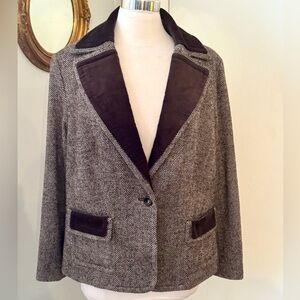 Brown Herringbone Blazer Velvet collar Sz 16 W Academia Preppy old Money